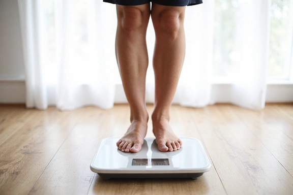 Person happily weighing themselves on a scale, symbolizing successful weight management.