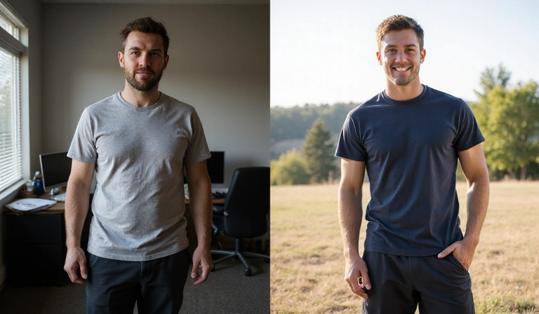 Michael before and after his transformation, showing significant weight loss and increased vitality.